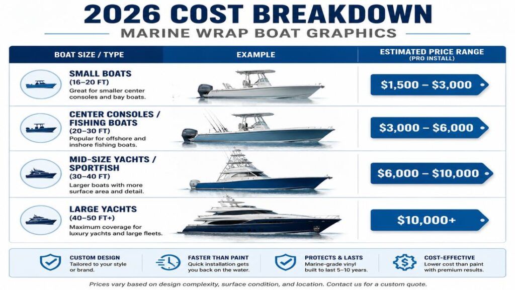 2026 cost breakdown for marine wrap boat graphics showing price ranges for small boats, center consoles, mid-size yachts, and large yachts with pro installation