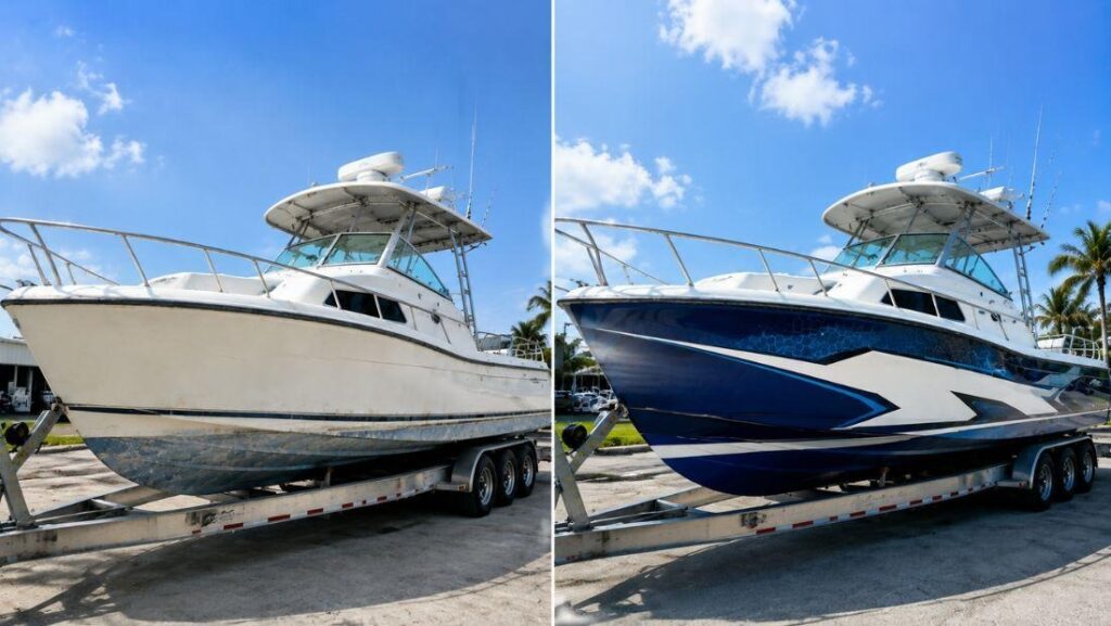 Side-by-side comparison of a boat before and after a vinyl wrap, showing the transformation from a worn, faded hull to a sleek, modern design, illustrating the impact and value of boat wrap cost.