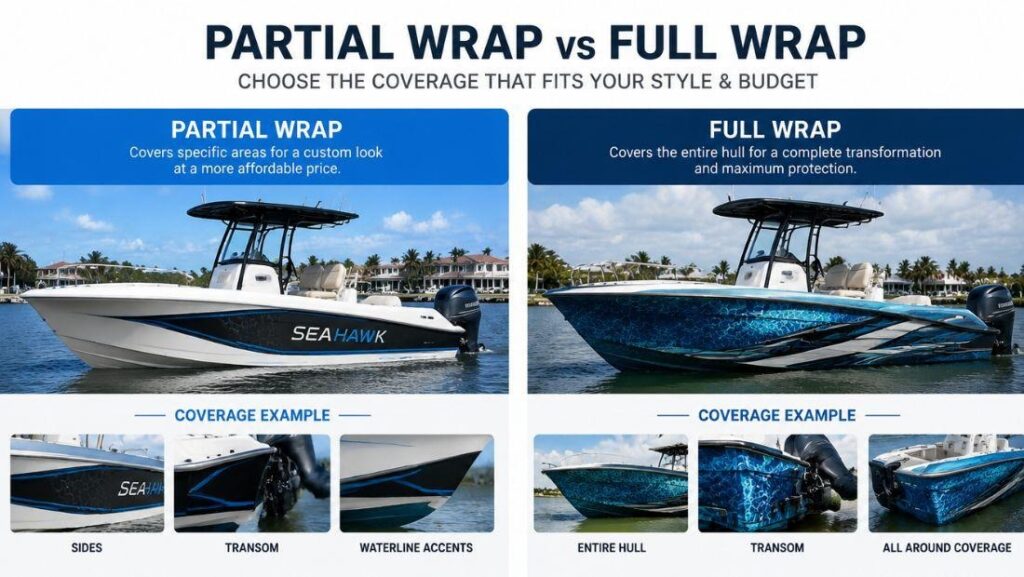 Comparison of a boat with a partial wrap covering sides, transom, and waterline accents versus a full wrap covering the entire hull and transom with blue water-patterned vinyl.