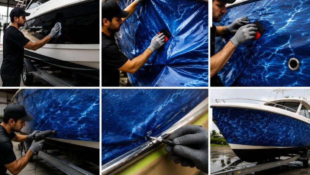 Professional vinyl boat wrap installation on a blue water-patterned hull showing cleaning, smoothing, trimming, and heat application, illustrating boat wrap cost and quality.