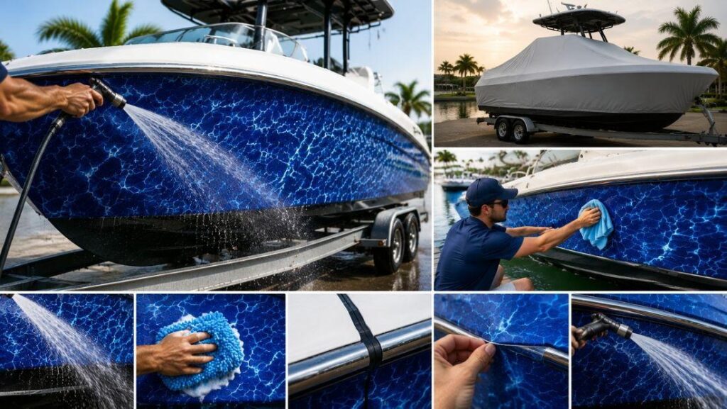 Boat maintenance showing rinsing, drying, wiping, and covering a blue-patterned vinyl-wrapped boat, demonstrating proper care to protect the hull and preserve boat wrap cost and durability.