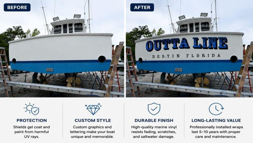 Before and after marine vinyl boat wrap showing custom lettering on yacht hull in Florida, highlighting protection, custom style, durable finish, and long-lasting value.