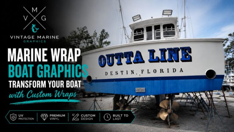 Outta Line boat in Destin, Florida, with original blue hull and custom marine wrap by Vintage Marine Graphics, highlighting UV protection, premium vinyl, and custom design features.