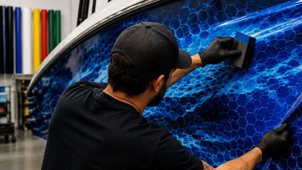 Technician applying a custom blue vinyl boat wrap to a boat hull during installation.