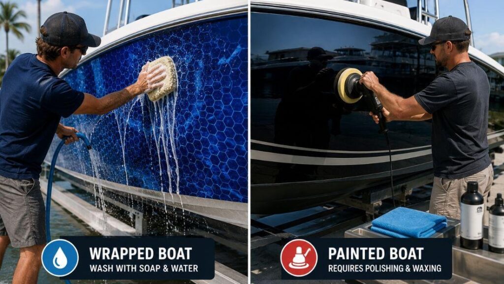 Wrapped boat washed with soap and water compared to a painted boat being polished and waxed.