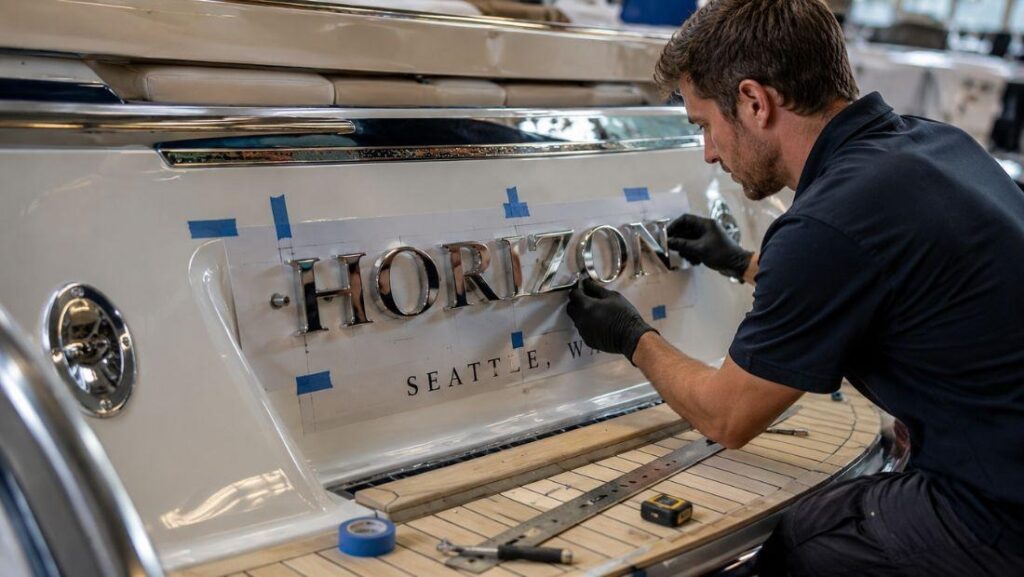 Installer mounting polished stainless steel “Horizon” yacht lettering above the Seattle hailing port.