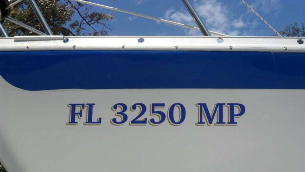 Blue Florida boat registration number FL 3250 MP displayed on a white hull.