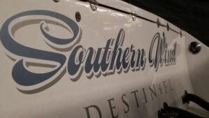 Southern Whisky boat lettering with Destin, Florida hailing port on the stern