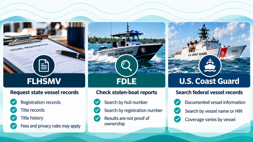 Infographic comparing FLHSMV vessel registration records, FDLE stolen boat searches, and U.S. Coast Guard vessel information.