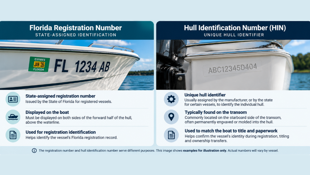 Side-by-side comparison showing Florida boat registration numbers on the forward hull and hull identification numbers on the transom.
